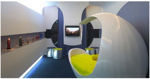Bedroom for kids and teenagers. Dormitory that looks like a spaceship