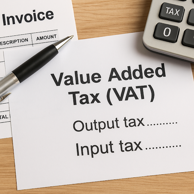 책상 위에 놓인 ‘Value Added Tax (VAT)’ 문서를 중심으로, 옆에는 계산기와 세금 관련 계산을 위한 검은색 펜, 인보이스 서류가 함께 배치되어 있는 클로즈업 사진
