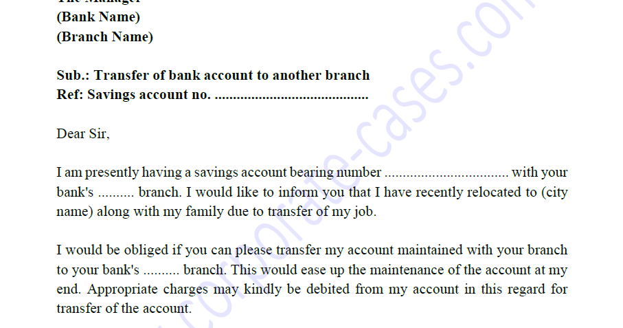 Letter Format Bank Account Transfer From One Branch To Another