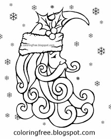 Christmas drawings hippy artwork space moon face of Santa Claus printable for older kids to color in