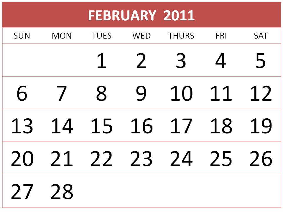 february 2011 calendar printable free. Printable Calendar 2011 February for Free