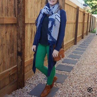 awayfromblue Instgram | mums tyle jeans tee cardigan scarf navy green outfit with matching shoes and bag