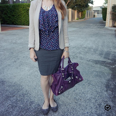 awayfromblue instagram jersey blazer cream with grey pencil skirt navy ruffle tank balenciaga work bag