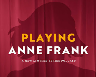 Graphic of a reddish background with a silhouette of Anne Frank.