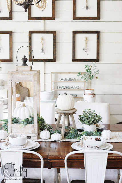 Farmhouse fall decor and decorating ideas. Neutral fall decor. White and green fall decor. How to decorate for fall. Decorate with me. Shiplap wall in dining room. Mismatched dining room chairs