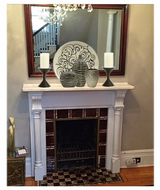 traditional mantle, mantle vignette, decorating a mantle, vases, 