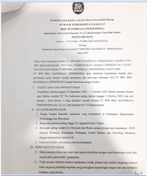 Lowongan Kerja Pt Bpr Bkk Mandiraja Perseroda Lowongan Kerja Banjarnegara Loker Banjarnegara Net