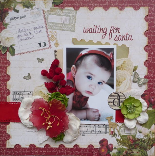 Red and Green Christmas Layout with Flowers, Stamping, and Butterflies