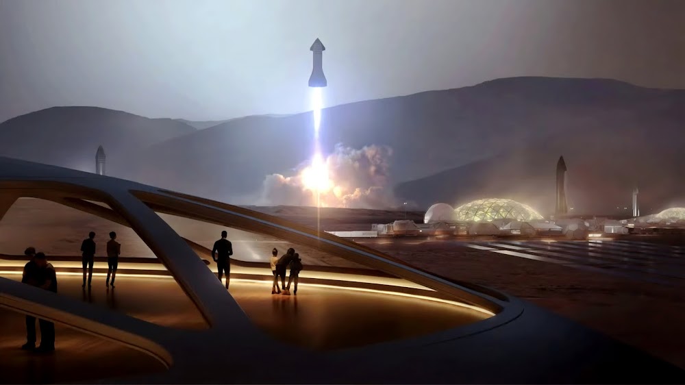 SpaceX Starship launching from Mars Base Alpha