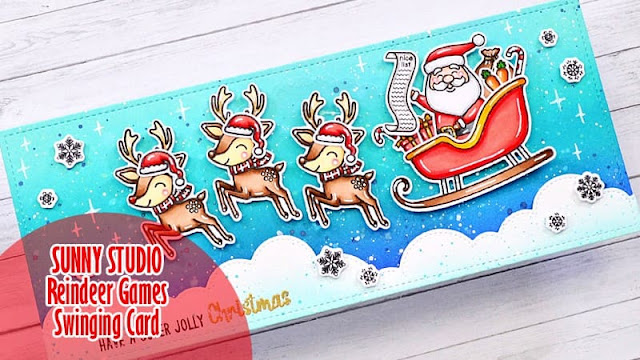 Sunny Studio Stamps: Reindeer Games Holiday Card by Marine Simon (featuring Santa Claus Lane, Slimline Dies, Scalloped Circle Mat Dies)