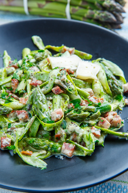 Creamy Brie Asparagus Noodle and Pancetta Carbonara