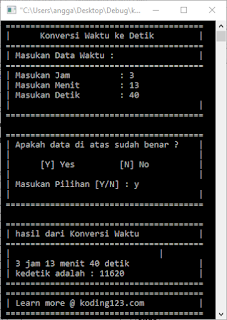 koding123 koding123.com | Tutorial Cara Membuat Program Konversi Waktu Jam Menit Detik menjadi Detik ALgoritma Bahasa Pemrograman C++