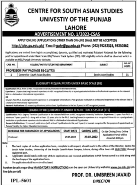 Latest University of Punjab UOP Teaching Posts Lahore 2022