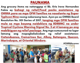 A recent Facebook post going viral is about an OFW family receiving free groceries from OWWA. In the post, the person was claiming that ALL OFWs or their family at home are qualified to receive such package from the OWWA offices in their respective municipalities or provinces. She even posted pictures of the items she received. OWWA has since noticed the post and had to issue an official statement as clarification. According to OWWA the package is part of the relief/assistance package that they provided for  OFW families that were victims of Super Typhoon Nina that struck last year. OWWA has a program specifically for these situations. It's called OWWA CARE or OWWA Cash Relief. The OWWA CARE Program is a one-time cash assistance to OFW-members and their dependents who have been directly affected by disasters, most commonly, super typhoons. It is just one of the many benefits of being an OWWA Member. The video below lists these benefits. So when and how is the OWWA Care provided?  In times of disaster, the OWWA Board will convene a meeting to draw, and if agreed upon, approve a Board Resolution providing relief to disaster struck areas. Only OFWs and their families coming from areas or towns declared as under "State of Calamity" by the RDRRMC are eligible for aid. In case of typhoons, towns under Tropical Cyclone Warning Signal No. 3 and above will be given relief packages. The Board will coordinate with the Regional Welfare Office in the designated areas to arrange the logistics. The Regional Welfare Office will determine the list of beneficiaries. Proof of membership may be required. Upon receipt of relief package, each beneficiary will sign an acknowledgement, proving that he/she has received the aid.