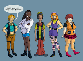 Five people in punk clothing colored to resemble the characters from Scooby-Doo. Furthest to the left is Danielle, a White woman with short, blonde hair. Next is Vulture, a tall, Black trans man with long hair and one half of his head shaved. Thursday, a Latino man in a leather vest is the middle, then Brynn, a White woman with red hair, a tattooed line on her forehead, and glasses. Her pants are covered in lgbtq, anarchist, and feminist patches. On the left is a chubby White woman, Doomsday with bobbed, brown hair.