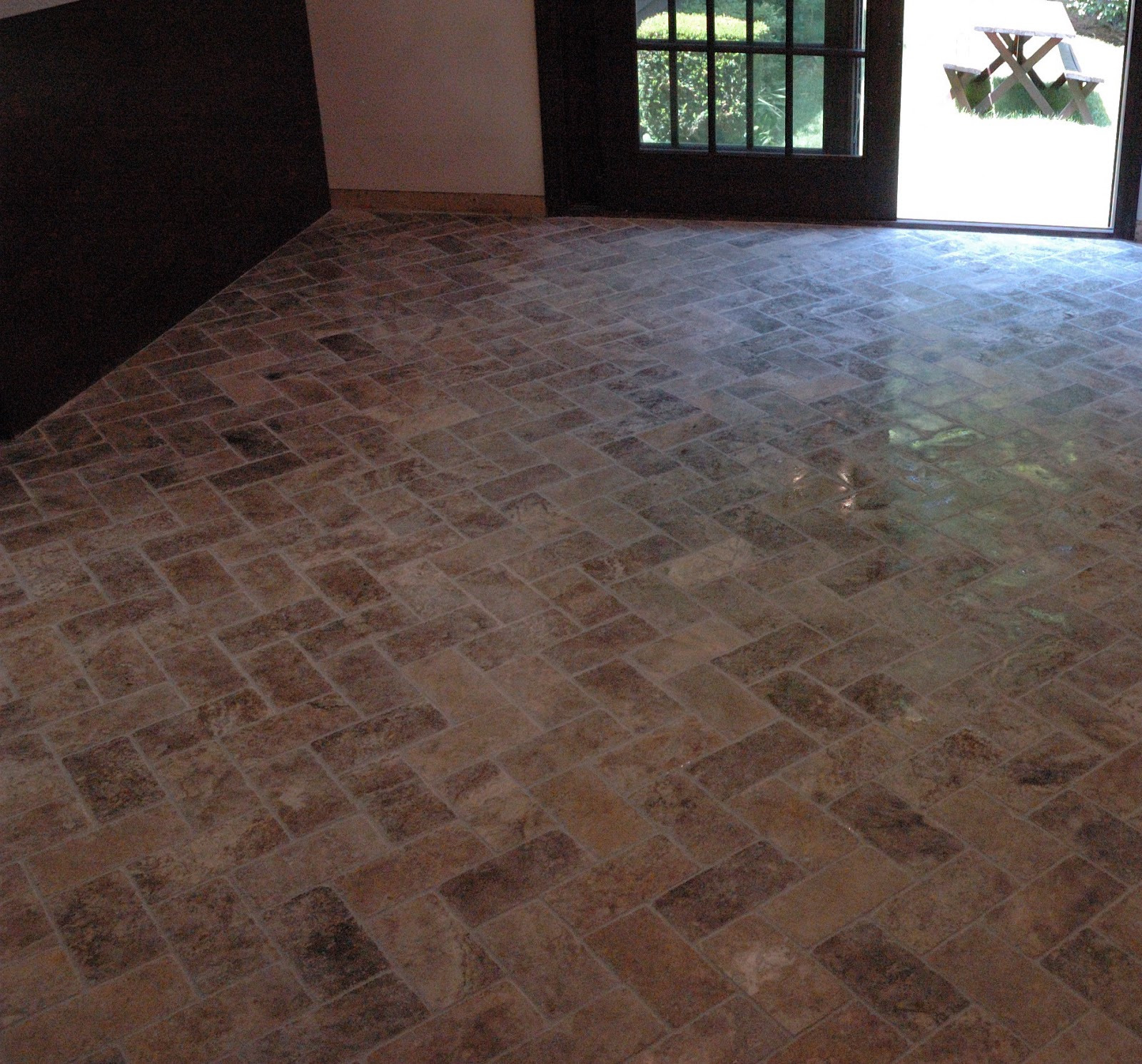 Custom Bathroom Remodeling: Natural Stone Herringbone Tile Floor