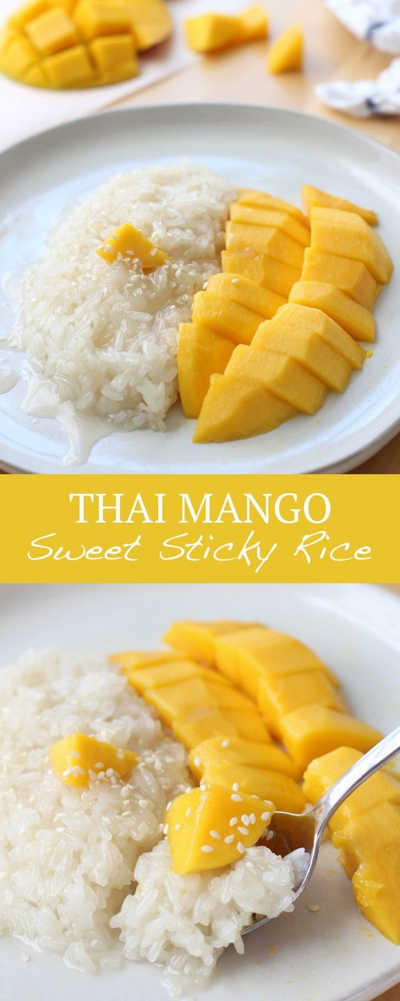 Thai Mango Sweet Sticky Rice, the classic Southeast Asian dessert. Glutinous rice, soaked in sweet coconut milk, served with fresh, juicy, sweet mangoes. YUM! #dessert #sweets #mangoes #Thai #dessert #sweetrice #coconutmilk #recipe