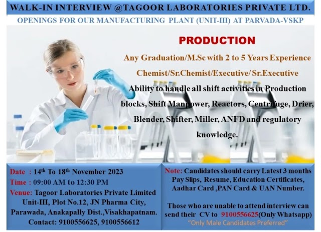 Tagoor Pharmaceuticals | Walk-in interview for Production from 14th to 18th Nov 2023