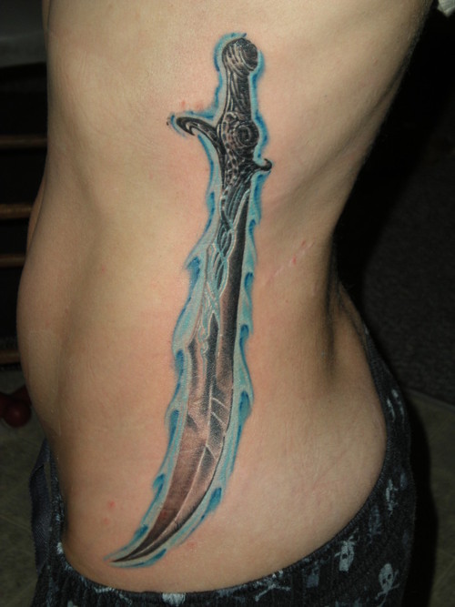 Large sword on side tattoo