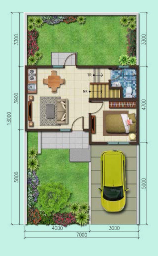  Denah  rumah  minimalis  ukuran 7x13 meter 3 kamar tidur 2 