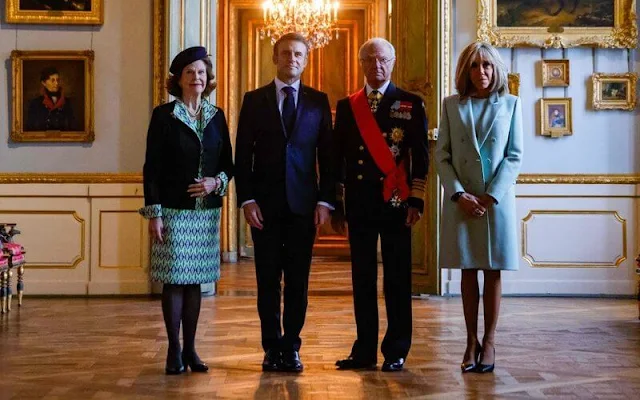 Princess Sofia wore a dress by Philosophy di Lorenzo Serafini. Princess Victoria red dress coat. Brigitte Macron in Louis Vuitton