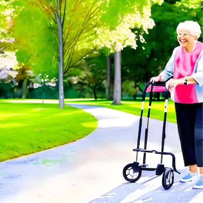 Elderly person using a walker with confidence in a park