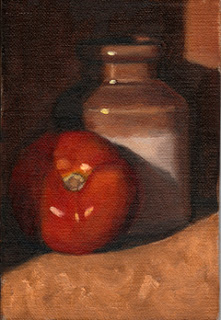 Oil painting of a tomato in front of a small earthenware jar.