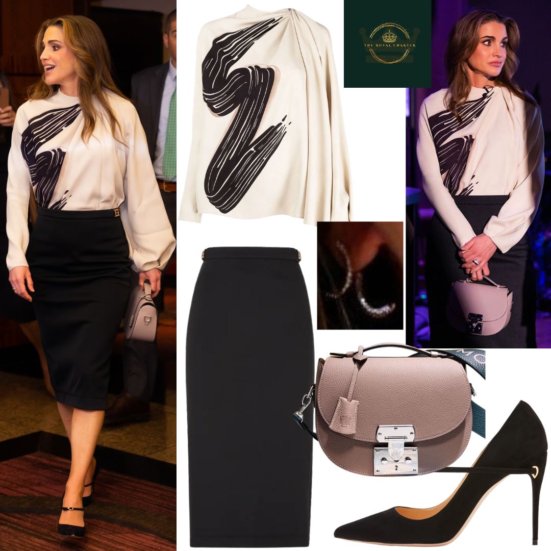 Queen Rania of Jordan wore Fendi blouse and skirt with Jennifer chamandi pumps and moynat bag at concordia summit