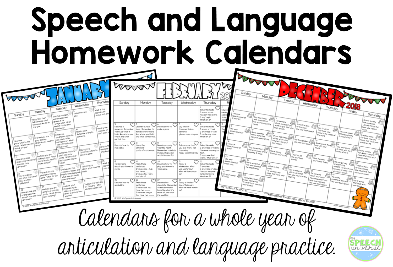 speech and language homework calendars