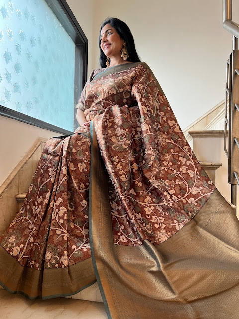 Copper and sage green silk Kanjeevaram saree