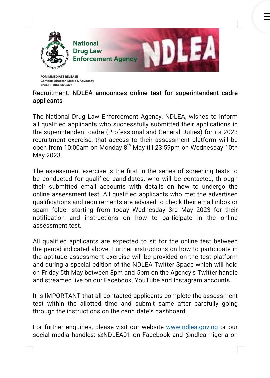 Recruitment 3rd May 2023 : NDLEA announces online test for superintendent cadre applicants