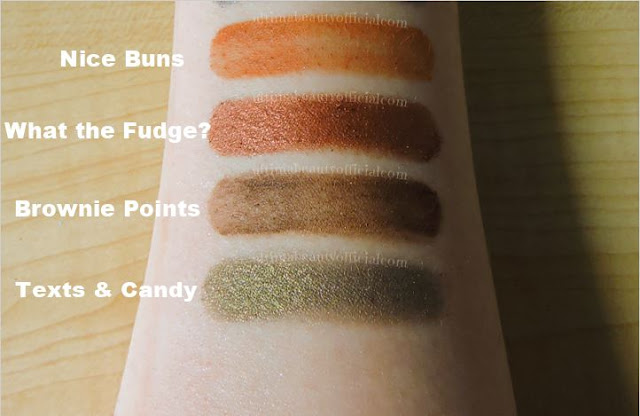 Swatches of five shadows from Too Faced Better Than Chocolate Eyeshadow Palette. Text readsNice Buns, What the Fudge?, Brownie Points, Texts & Candy