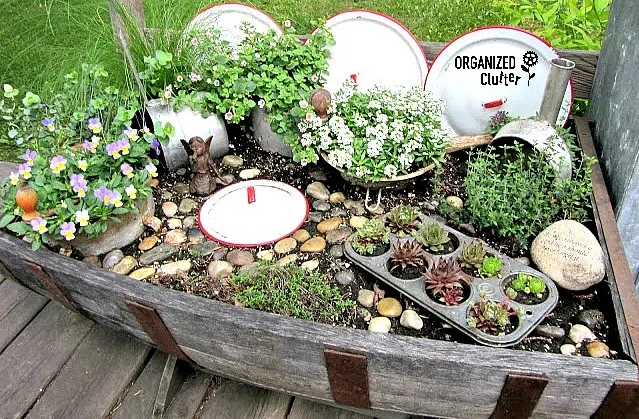 Kitchen Fairy Garden Planted in a Horizontal Barrel