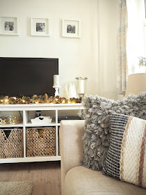 christmas home decor in gold and white featuring baubles and accessories from Dunelm, Laura Ashley, Sainsbury's and Hobbycraft