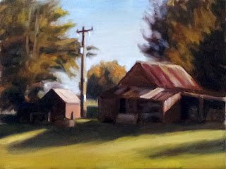 Oil painting of two dilapidated farm buildings and a telephone pole bounded by cypress trees.