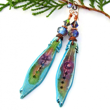 colorful moon star feather boho earrings gift for her