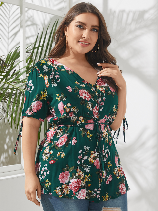 Floral Print V-neck Half Sleeve Plus Size Knotted Blouse for Women