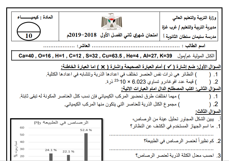 امتحان شهري ثاني في الكيمياء للصف العاشر الفصل الأول