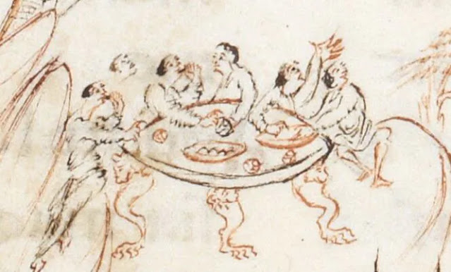 Άνδρες που τρώνε σε τραπέζι σε χειρόγραφο των αρχών του 11ου αιώνα μ.Χ. – Βρετανική Βιβλιοθήκη MS Harley 603 fol. 12r