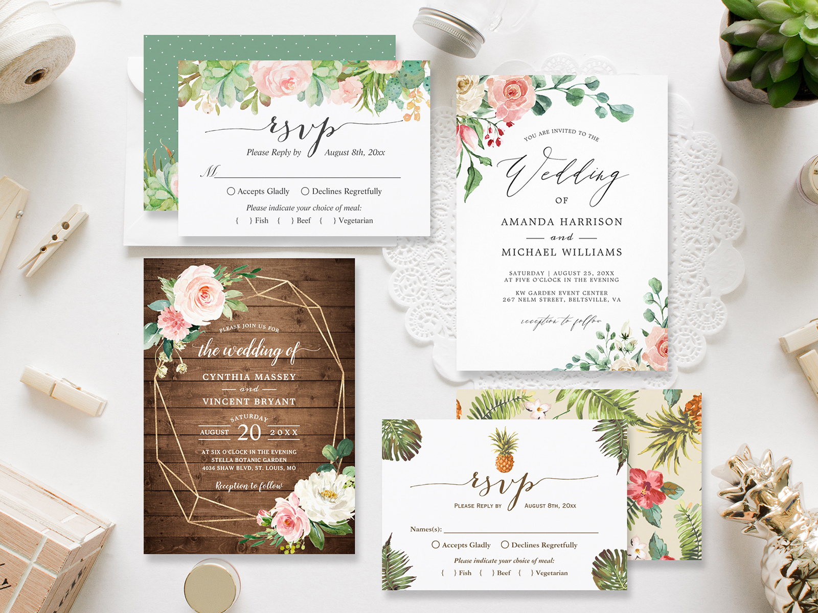 10 Trendy Calligraphy Watercolor floral Wedding Invitation Suites