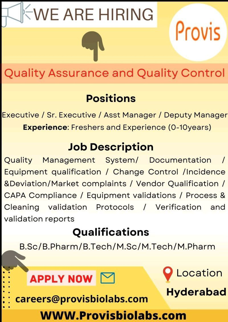 Job Availables,Provis Biolabs Job Vacancy For BSc/ MSc/ B.Pharm/ M.Pharm/ B.Tech/ M.Tech - Freshers/ Experienced