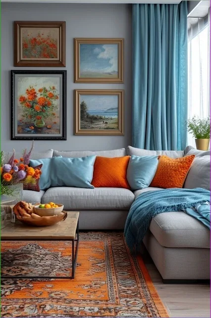 sala confortável com cortinas e sofá em tons de azul