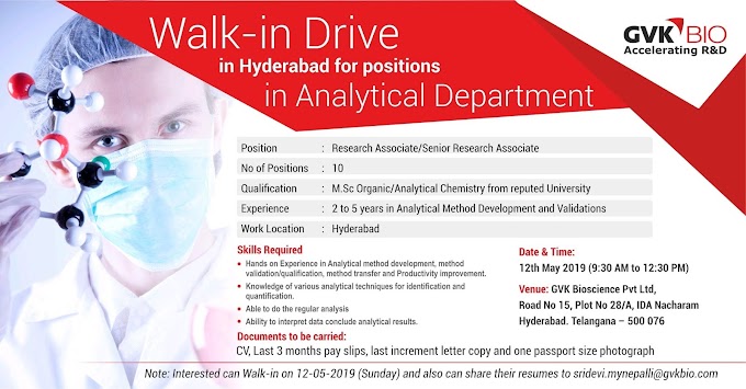 Gvk bioscience walk in nterview for research associate |Pharma jobs in Hyderabad on May 12 2019