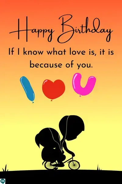 cute happy birthday love quotes images with i love you balloons couple on bicyle