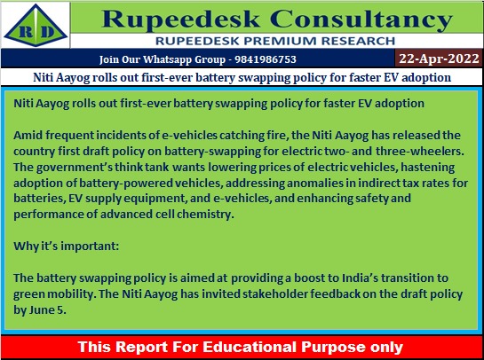 Niti Aayog rolls out first-ever battery swapping policy for faster EV adoption - Rupeedesk Reports - 22.04.2022