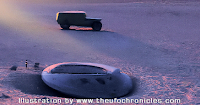 Graphic by www.theufochronicles.com depicting a grounded UFO in the New Mexican desert
