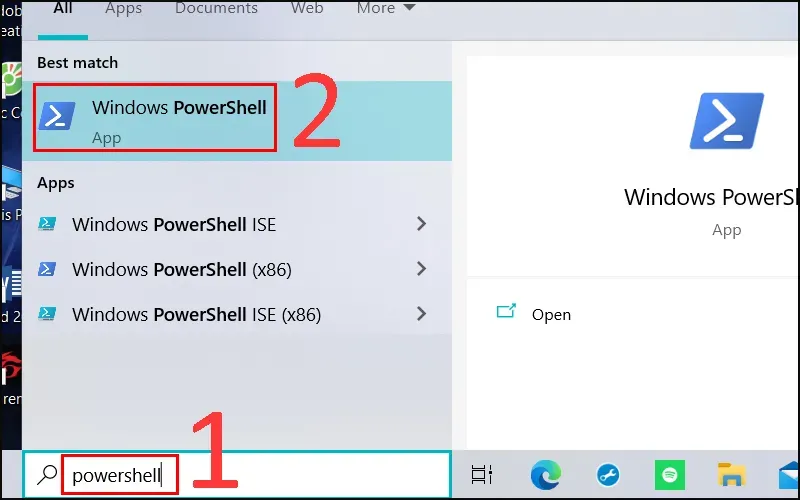  Tại thanh tìm kiếm gõ powershell > Nhấn Windows PowerShell.