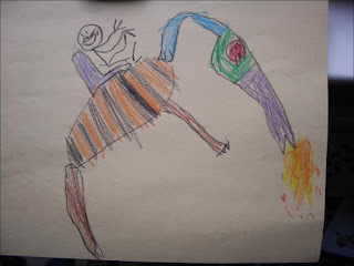 child's drawing of a guy riding a mythical creature