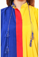Pakistani Dress Dark Blue-Yellow Mixed Cotton Kurta with Crystal Buttons on Collar by Grapes