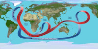 This is a depiction of the global ocean circulation.  In the Atlantic Ocean, warm water travels north at the surface, while cooler water travels south at depth.  Researchers are studying what controls the strength of this circulation. (Credit: NASA) Click to Enlarge.